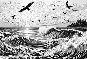 A tattoo with the letters “Lev livet mens du kan” with a small angel and the sea with sea gulls tattoo idea