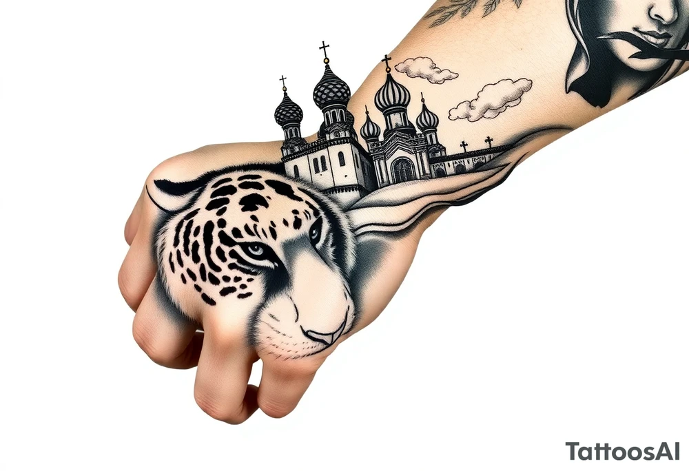 Realistic tiger face on the back of the hand with strong contrast and fine detail with its eyes completely black. with a highly detailed Russian Orthodox cathedral sitting above on fore arm with onion domes and orthodox crosses, done in fine line, engraving-like style. Cohesive composition, black ink only, no color, high contrast, slightly aged, documentary-style, plain light background. with clouds above and a virgin mary 
spanning from my hand to lower fore arm tattoo idea