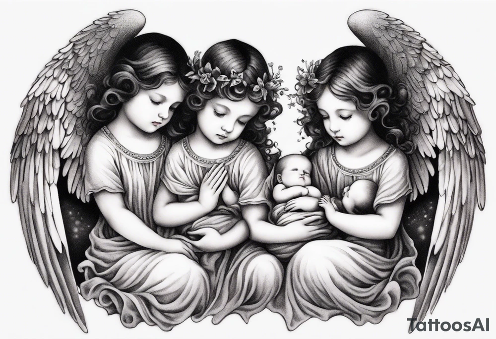 Six angels praying together. The two boy angels are on either side of the three girl angel, with their wings gently enfolding a baby angel in a protective embrace tattoo idea