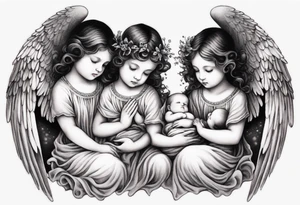 Six angels praying together. The two boy angels are on either side of the three girl angel, with their wings gently enfolding a baby angel in a protective embrace tattoo idea
