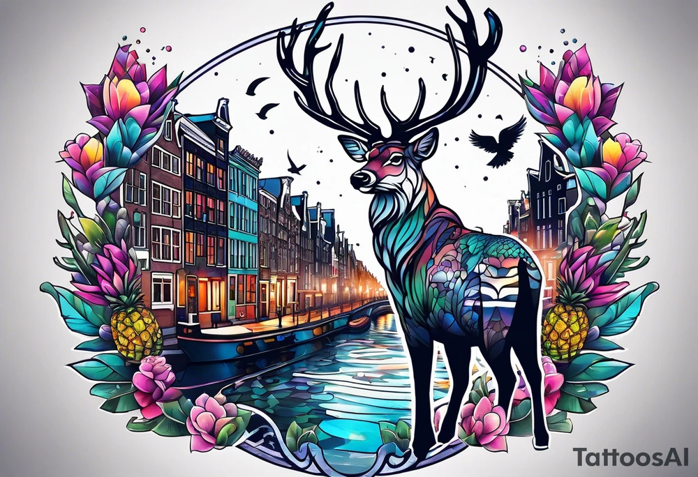 Stag deer with white tiger and birds with pineapples featuring Amsterdam buildings and canal in galaxy colours and Amsterdam buildings and canal in space featuring animals made of glass tattoo idea
