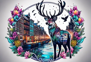 Stag deer with white tiger and birds with pineapples featuring Amsterdam buildings and canal in galaxy colours and Amsterdam buildings and canal in space featuring animals made of glass tattoo idea