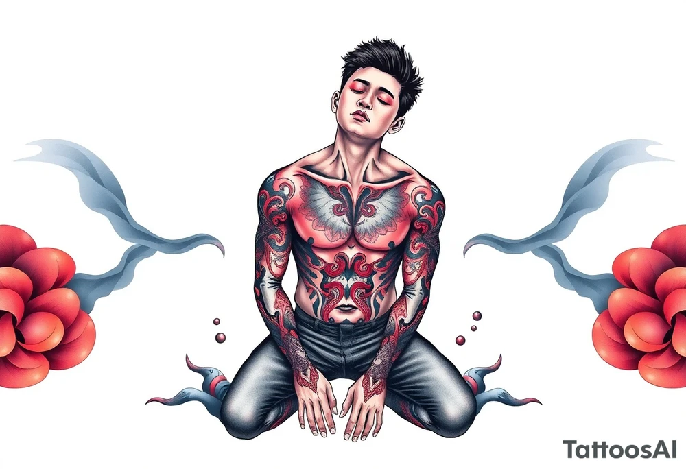 Handsome Asian young guy is standing on his knees and looking down tattoo idea