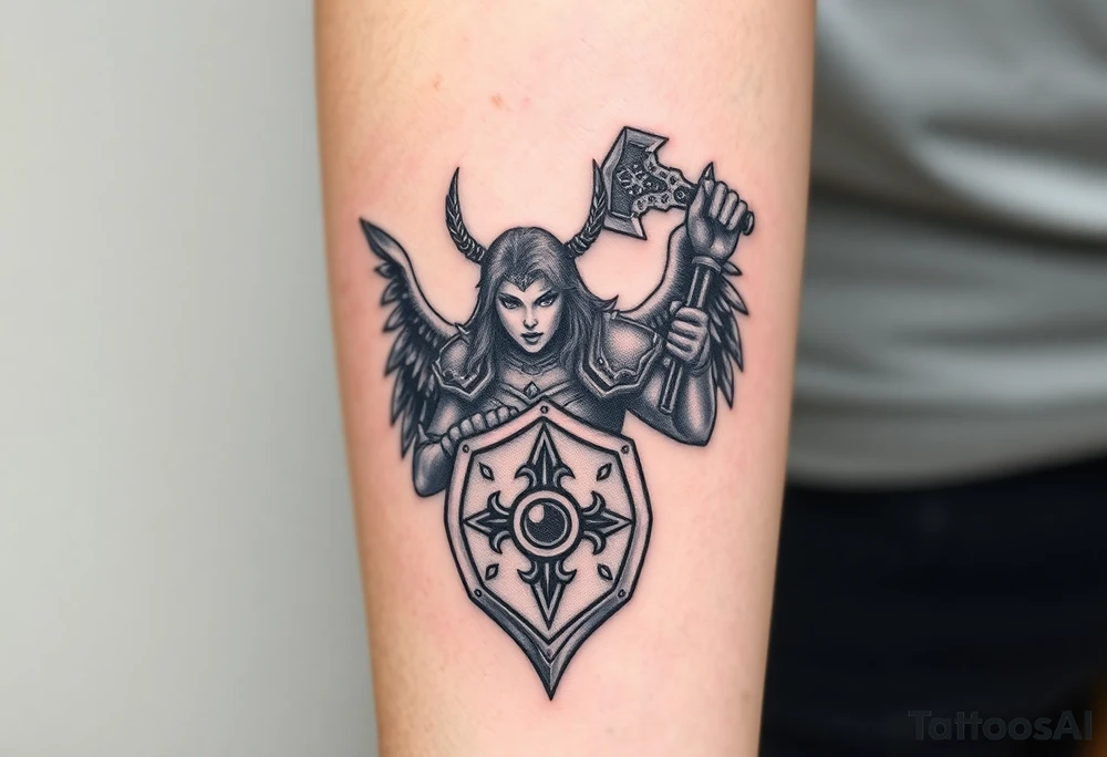 A fierce looking Valkyrie with huge dark wings. She's wielding a menacing axe and a sturdy shield with a vegvisir symbol.

Her face is really attractive but screaming with battle rage.

She's heavily armored and ready for battle tattoo idea