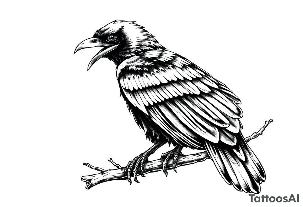 evil raven looking over its shoulder on a branch tattoo idea