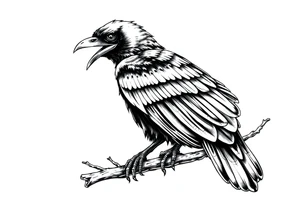 evil raven looking over its shoulder on a branch tattoo idea