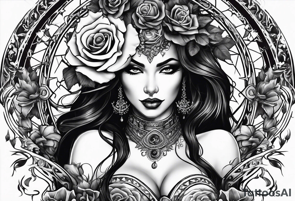 Beautiful devil lady , guns and roses intertwined, goddess tattoo idea