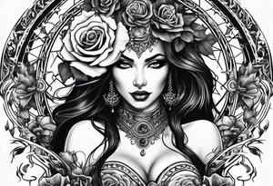 Beautiful devil lady , guns and roses intertwined, goddess tattoo idea