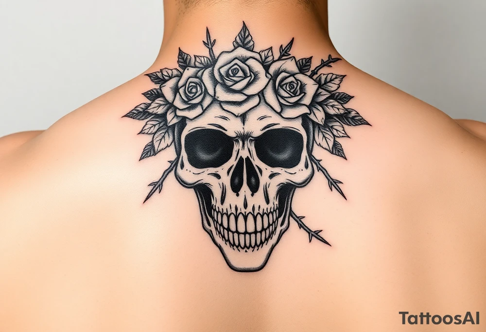 ornate skull adorned with crown of wild roses and thorns tattoo idea