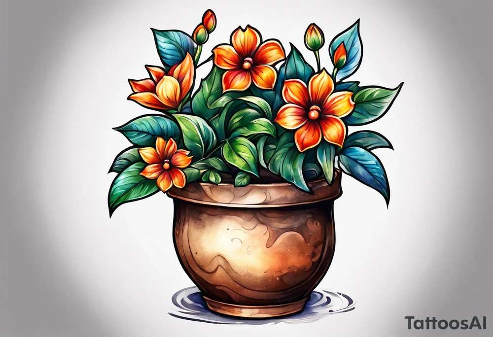 I would like a tattoo of a small-sized flower pot. Coming out of the flower pot should be the stem of a flower that has not bloomed. tattoo idea