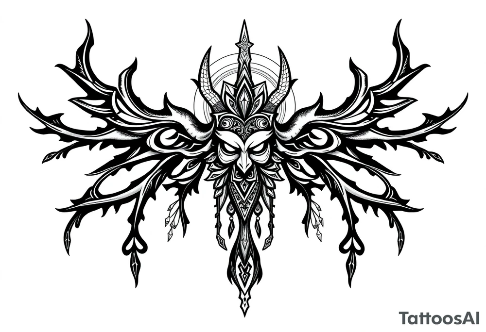 mystical dark and long ornament with shaman and witch mytolog and ancient rhyme tattoo idea