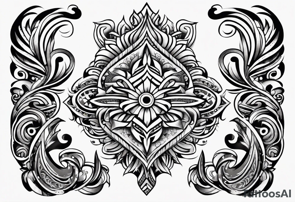 Simple vertical line work with tribal elements (for the bicep area) tattoo idea