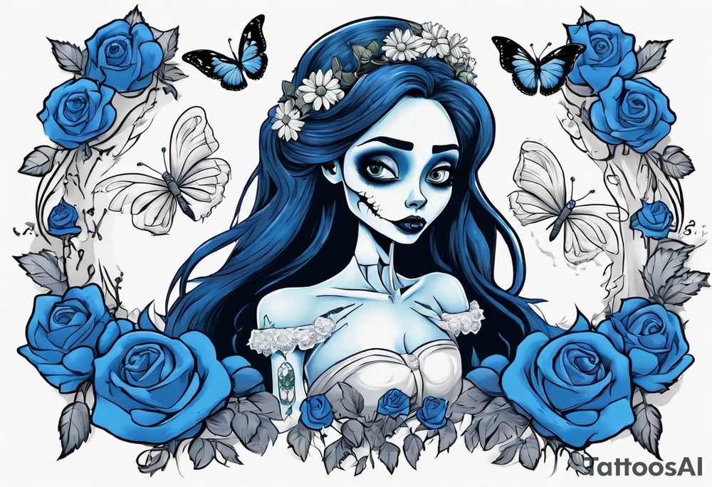 corpse bride Emily wearing a wedding dress. the vail on her head. she is holding a bouquet of blue roses in the middle of the bouquet  there is one white daisy. there is one blue butterfly flying around her. A full moon on the background. tattoo idea