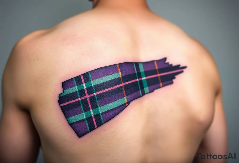 Side of arm Dark Purple with green pink blue and white highlights tartan fabric with skin peeling away at edges tattoo idea