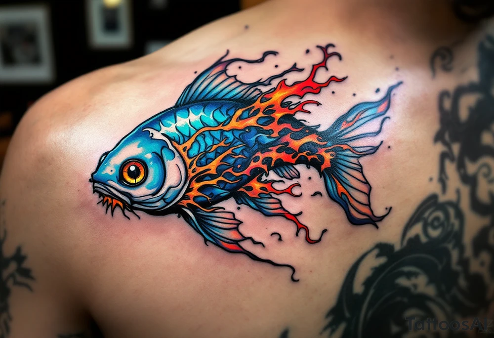 Fire and Water Catfish – A dual-element tattoo: one side of the catfish has cool blues and teals, the other half crackles with red-orange flames, symbolizing contrast or duality. tattoo idea