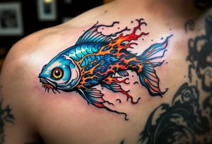 Fire and Water Catfish – A dual-element tattoo: one side of the catfish has cool blues and teals, the other half crackles with red-orange flames, symbolizing contrast or duality. tattoo idea