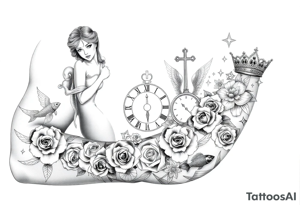 Roulette casino and princess and cross, baby angels, roses and clock and stars and fish, crown tattoo idea