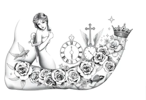 Roulette casino and princess and cross, baby angels, roses and clock and stars and fish, crown tattoo idea