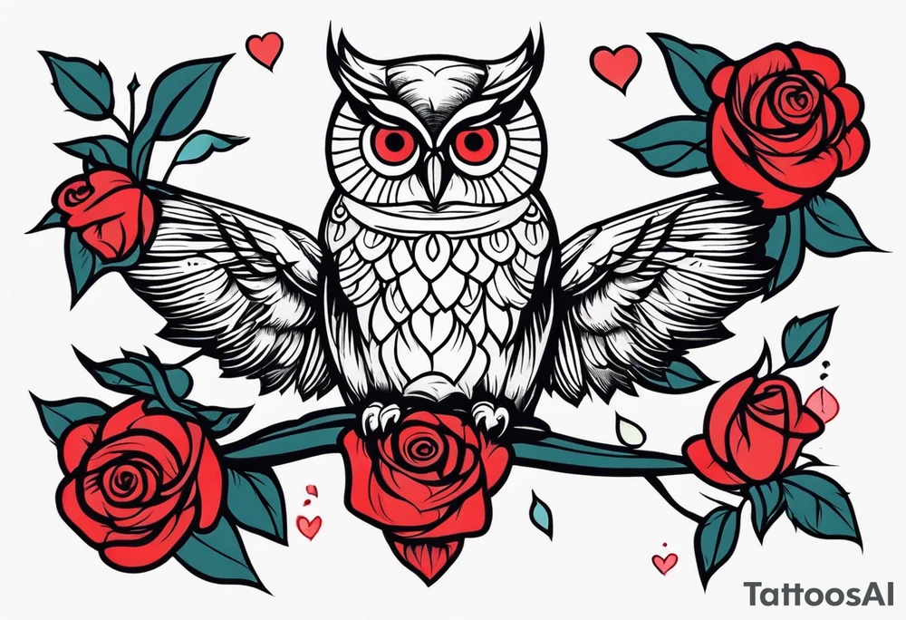 Color owl. 
Three red roses 
On the forearm tattoo idea