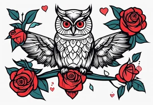Color owl. 
Three red roses 
On the forearm tattoo idea