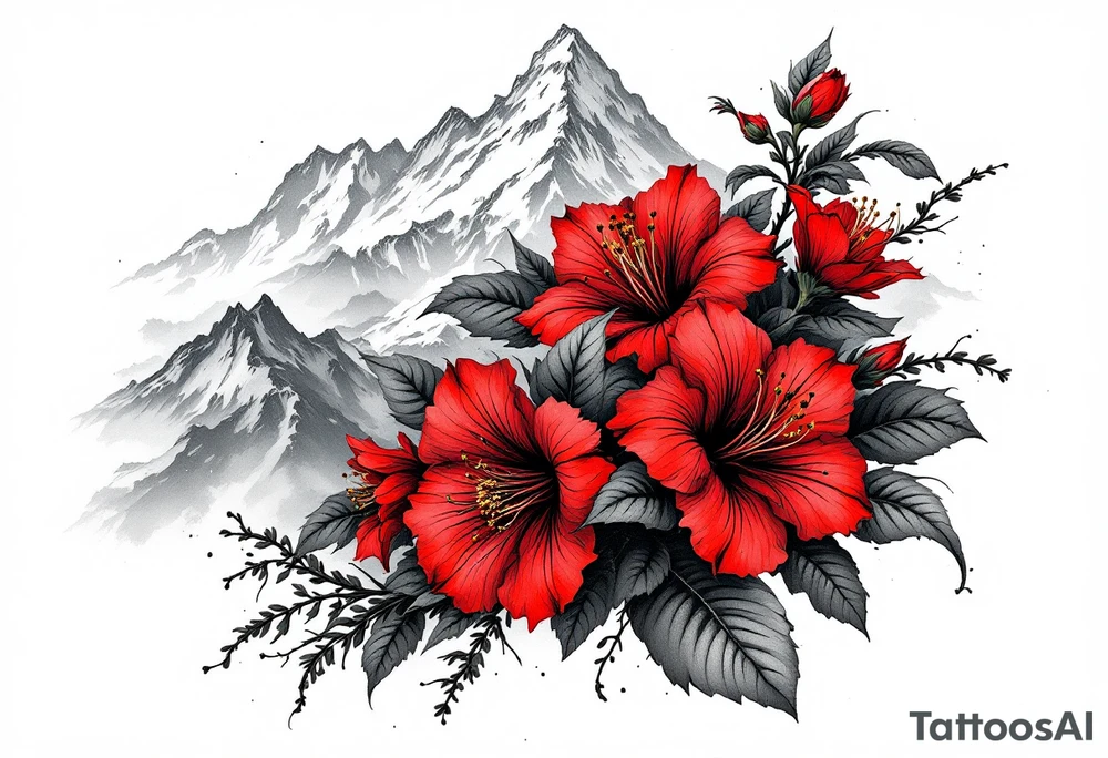 vertical wrist size red  and black rhododendron trippy with Himalayas behind tattoo idea