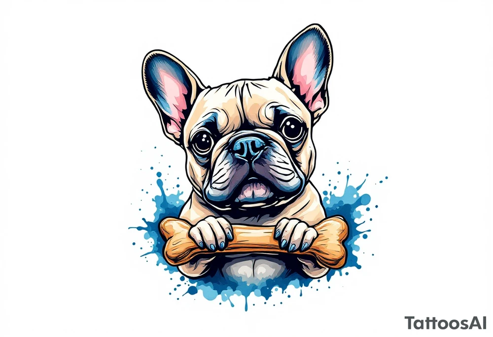 Cartoon-style French Bulldog holding a bone, with exaggerated ears and light fawn fur, outlined in black with splashes of blue. tattoo idea