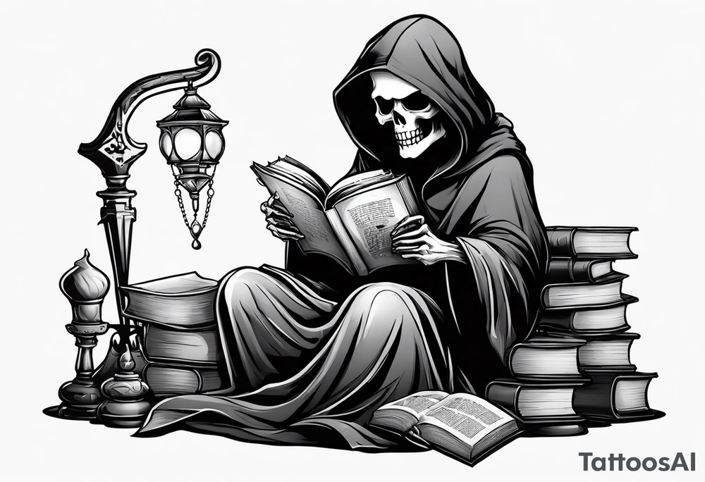 cute grim reaper sitting down reading books tattoo idea cute grim reaper sitting down reading books tattoo idea