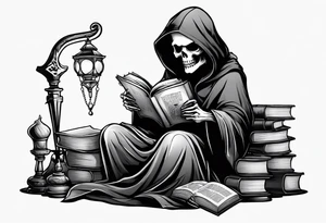 cute grim reaper sitting down reading books tattoo idea
