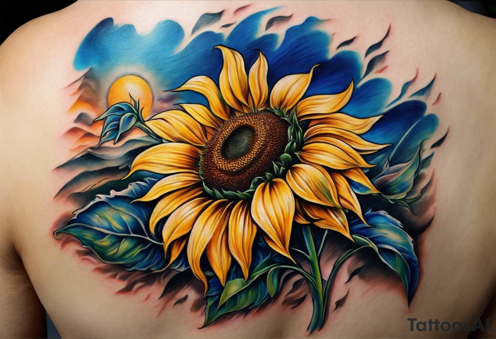 a yellow sunflower bloom with blue highlights tattoo idea