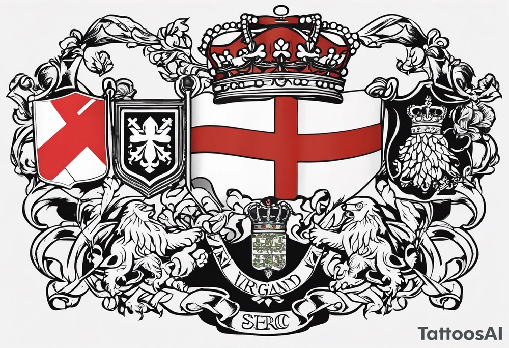 Merge the flags of england, northern ireland, ireland, scotland, wales, germany, croatia, serbia, slovakia, slovenia, and czech republic intertwined in a harmonious and elegant manner. The design should be symmetrical and suitable for a shoulder placement. tattoo idea