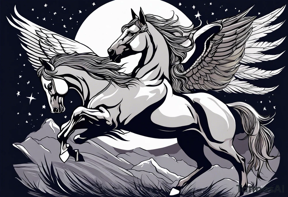 Female werewolf and Pegasus fighting each other in the night tattoo idea