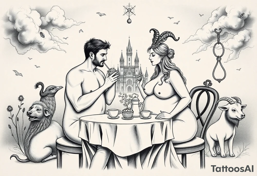 Naked Man and fat woman having sex eating cupcakes and  fruit  having sexy naked fat lady having a tea party with tea pots  with medieval castle  
with mystical  aries a pigs, peacock,  lion, goat, noose and smoking cigerettes looking in the mirror thru storm clouds and broken hearts and darkness and wrath, envy , gluttony, greed, sloth, pride . Gothic tattoo idea