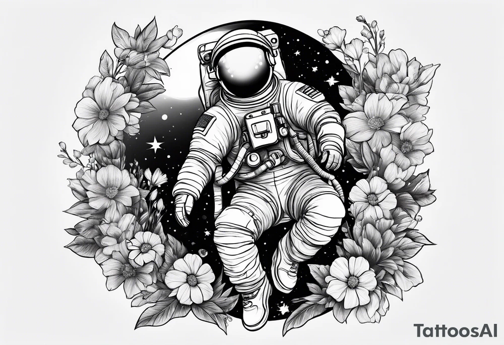 Astronaut floating through flowers tattoo idea