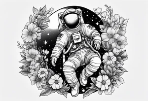 Astronaut floating through flowers tattoo idea