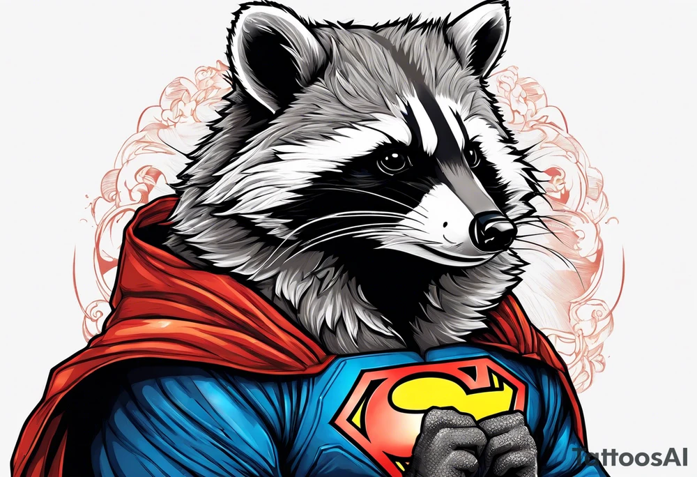 raccoon wearing a Superman hoodie tattoo idea