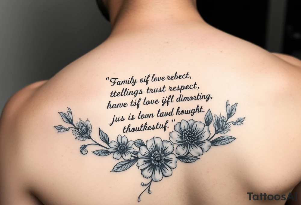 Meaningful quotes that has meanings such as family, love, kindness, fairness, respect, trust, loyalty, humour, honesty, hardworking, thoughtful, sharing and it has some flowers as a background or just around it thats on the lower back tattoo idea