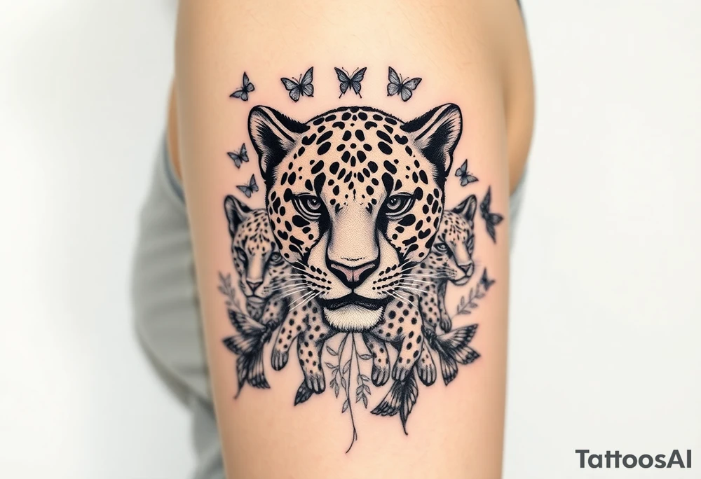 head of 3 jaguars (1 mother and 2 cubs) surrounded by butterflies and hummingbirds in new old school style tattoo idea