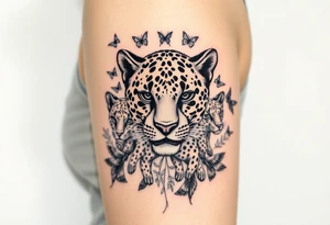 head of 3 jaguars (1 mother and 2 cubs) surrounded by butterflies and hummingbirds in new old school style tattoo idea