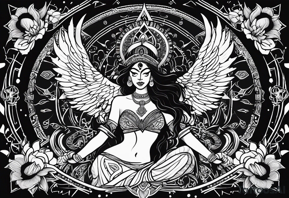 black kali, goddess pirate, alien, angel, pachamama, valkrye, warrior, flying, skull, lotus azul, wing, eagle, zenza resonance, stars, 5D, anahata chakra, death, durga, riding on a tiger, flying lady, kundalini, chest tatoo, rebel tattoo idea