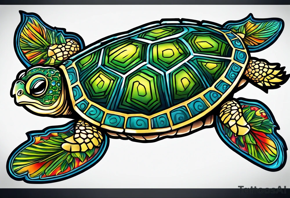 tropical psychedelic turtle's back, top down view, as seen from above tattoo idea