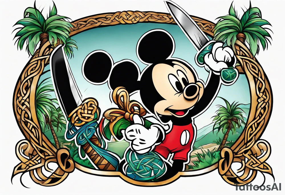 mickey mouse holding a knife and stick with palm trees and the celtic symbol for family tattoo idea