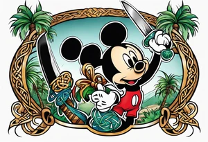 mickey mouse holding a knife and stick with palm trees and the celtic symbol for family tattoo idea