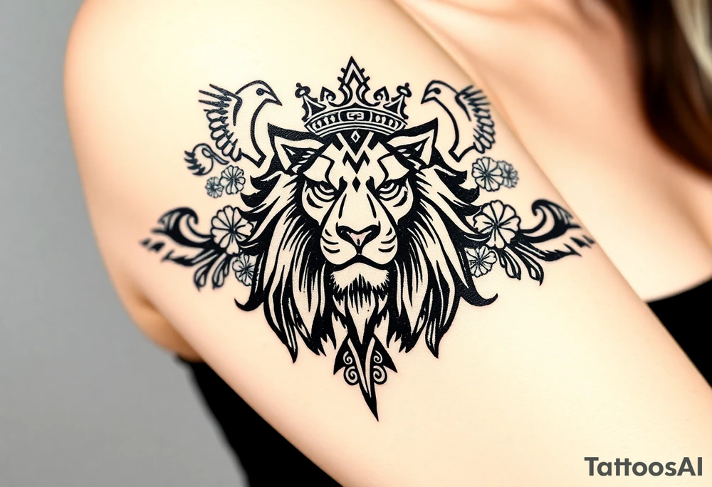 powerful majestic lion with a crown, surrounded by floral ornaments and birds tattoo idea