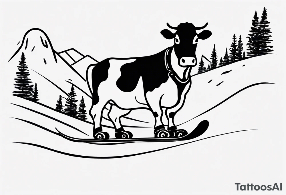 Generate a minimalist and simple black and white tattoo design featuring a joyful cow snowboarding, wearing goggles. Focus on essential lines and details to convey the playful spirit of the scene. The cow should exude confidence while effortlessly snowboarding down a snowy slope. Keep the design clean and uncluttered, suitable for a small to medium-sized tattoo space. Emphasize the charm and whimsy with the addition of goggles, ensuring the overall aesthetic remains simple and minimalistic. The goal is to create a visually appealing and easily recognizable tattoo that captures the essence of a cow enjoying a snowboarding adventure tattoo idea