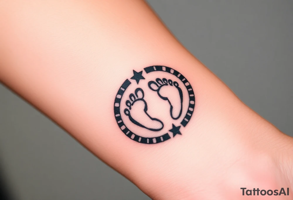 Tribal tattoo in ring/band with Ghanaian symbols as well jamaica incorporated with 4 baby foot prints tattoo idea