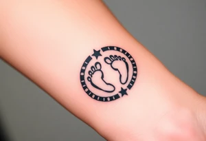 Tribal tattoo in ring/band with Ghanaian symbols as well jamaica incorporated with 4 baby foot prints tattoo idea