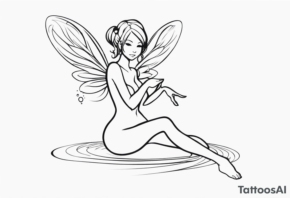 Minimalistic, monochromatic fairy with a tail flying to the left in a fetal position, leaning and looking in the same direction, with visible hands, embodying the 'Fairy Tail' logo aesthetic. tattoo idea