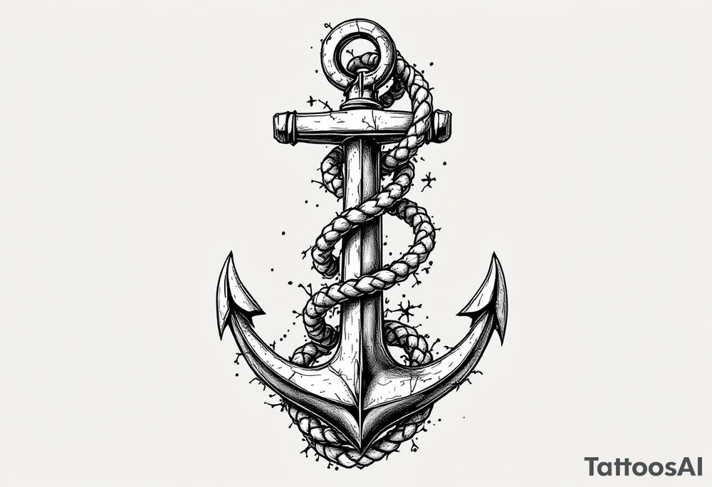 weathered anchor wrapped in nautical rope with sea waves tattoo idea