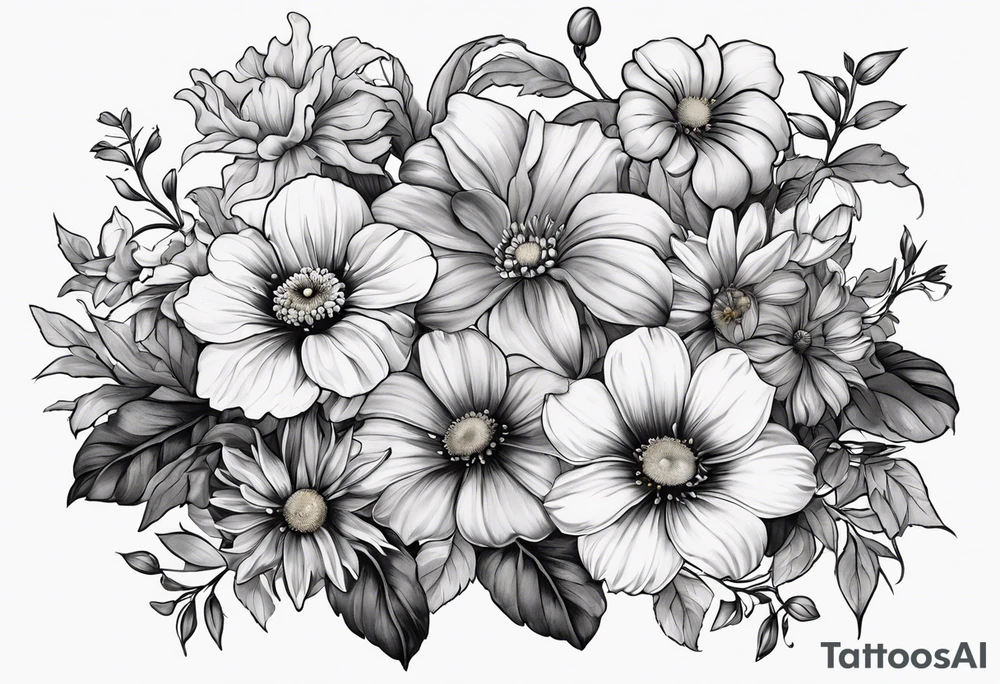 black and gray bunch of flowers with stems and leaves, three violets, one daffodil, five daisies, one rose, one morning glory, two marigolds, one chysanthemum with three of the daisies and the chrysanthemum at the center of the tattoo tattoo idea