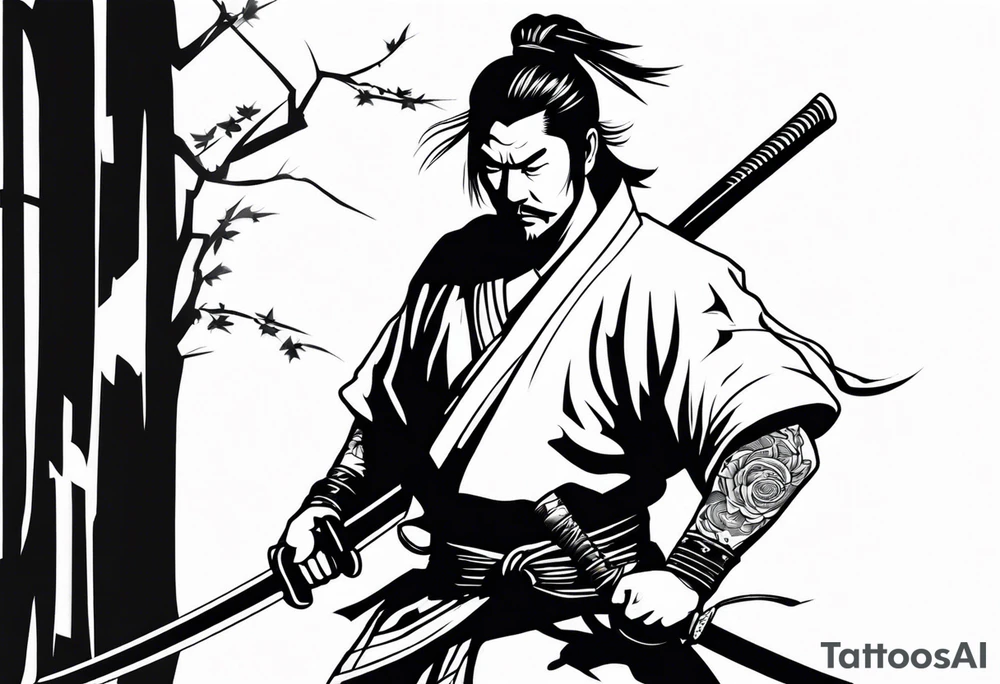 A Japanese samurai with a sword slashing someone tattoo idea
